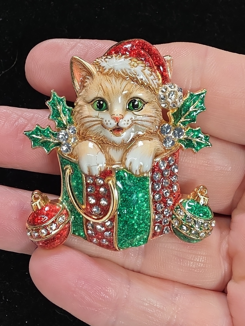 B17-Festive Cat in Gift Box Holiday Brooch - Green & Red
